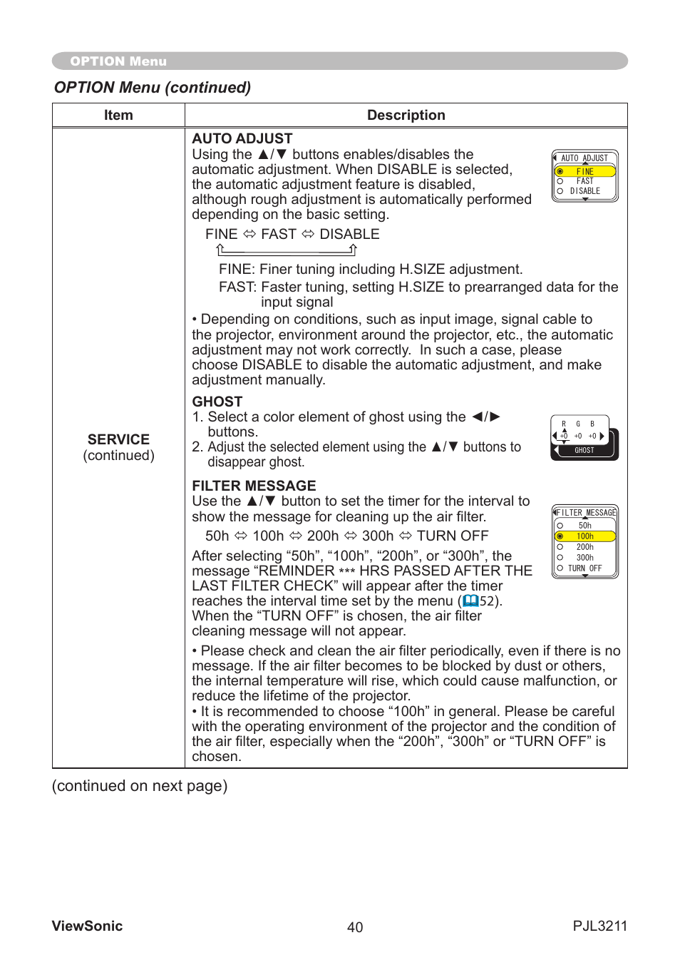 Option menu (continued), Contnued on next page) | VIEWSONIC PJL3211 User Manual | Page 45 / 78