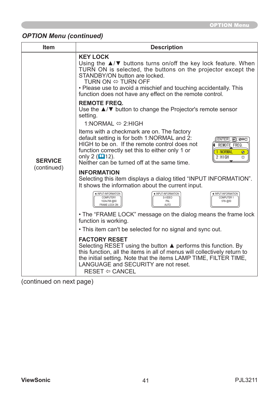 Option menu (continued), Contnued on next page) | VIEWSONIC PJL3211 User Manual | Page 46 / 78
