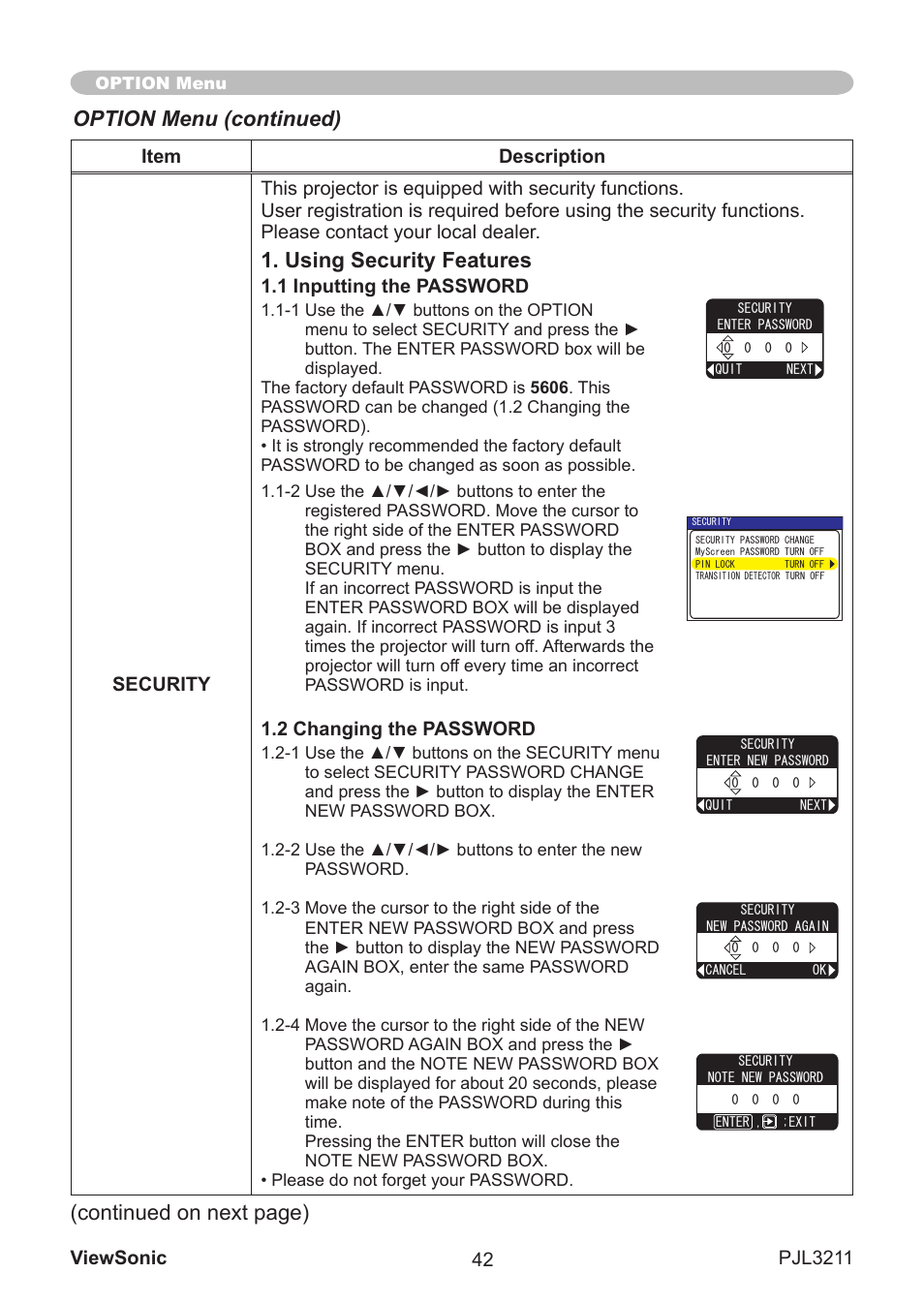 Using security features, Option menu (continued), Contnued on next page) | VIEWSONIC PJL3211 User Manual | Page 47 / 78