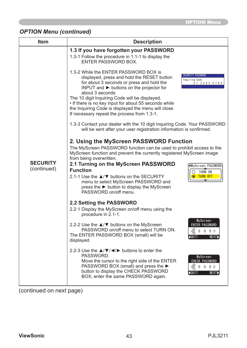 Using the myscreen password function, Password, Option menu (continued) | Contnued on next page) | VIEWSONIC PJL3211 User Manual | Page 48 / 78