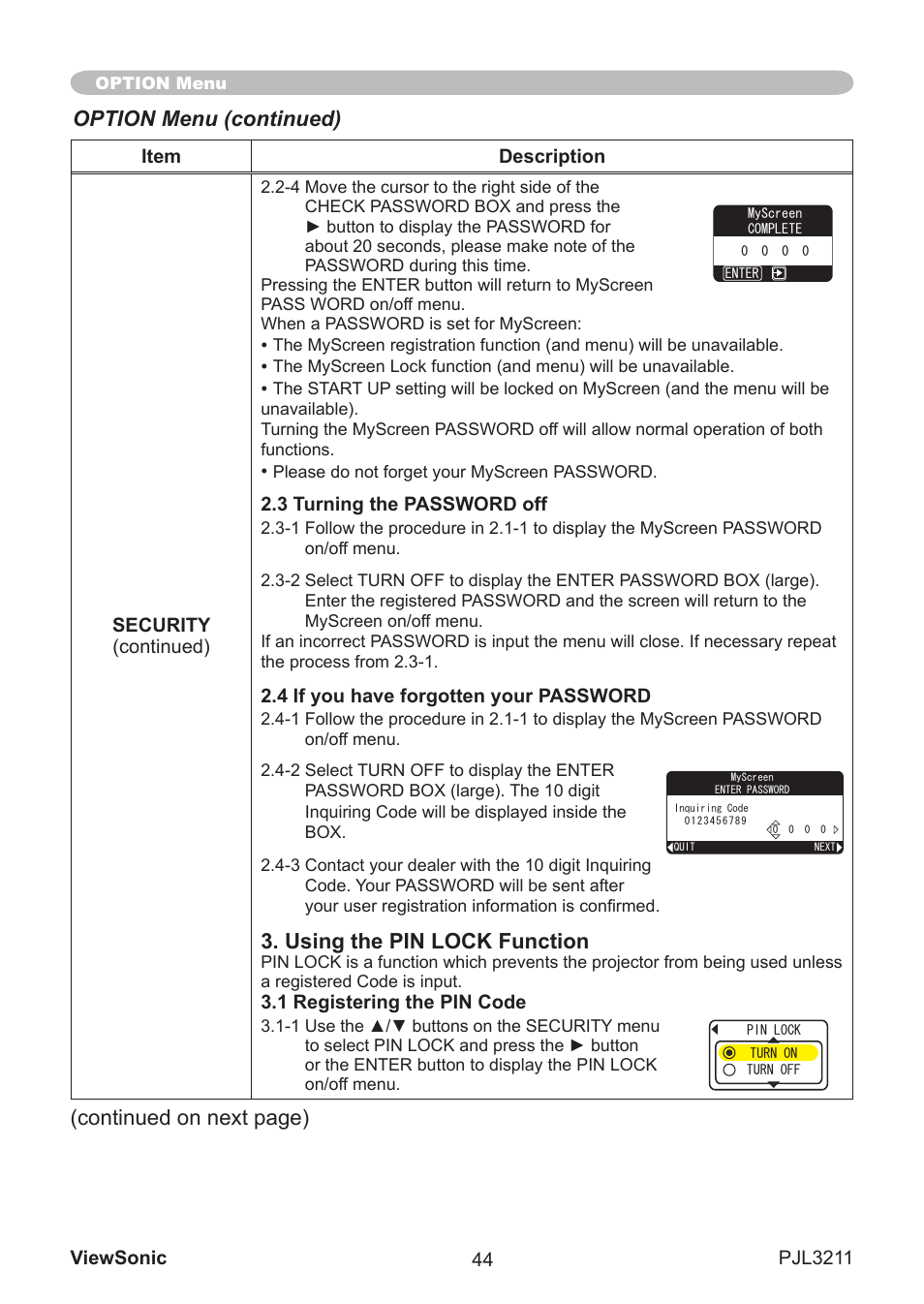 Using the pin lock function, Option menu (continued), Contnued on next page) | VIEWSONIC PJL3211 User Manual | Page 49 / 78