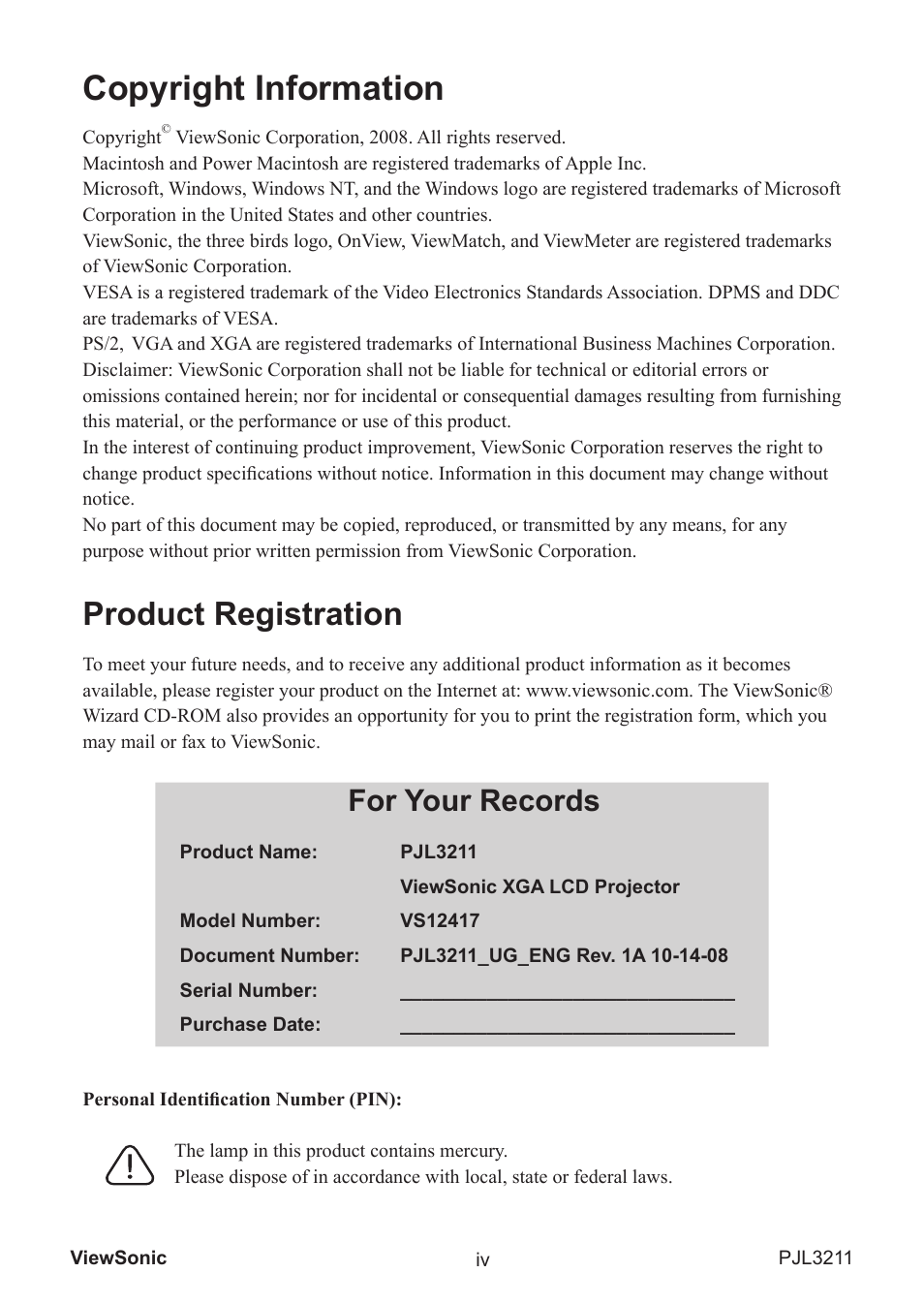 Copyright information, Product registration, For your records | VIEWSONIC PJL3211 User Manual | Page 5 / 78