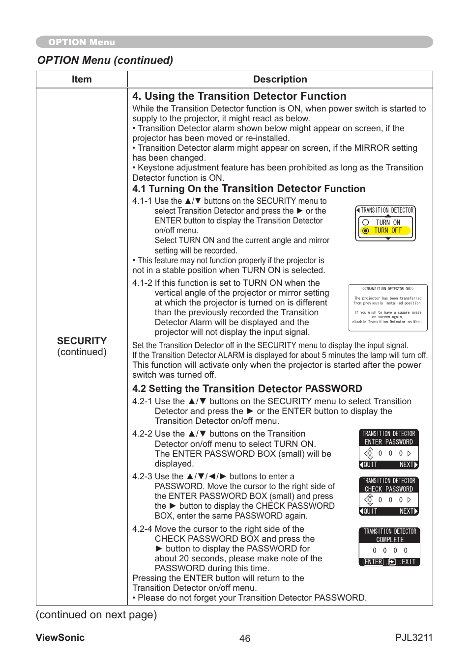 Using the transition detector function, Transition detector, Option menu (continued) | Contnued on next page), 1 turning on the, Function, 2 setting the, Password | VIEWSONIC PJL3211 User Manual | Page 51 / 78