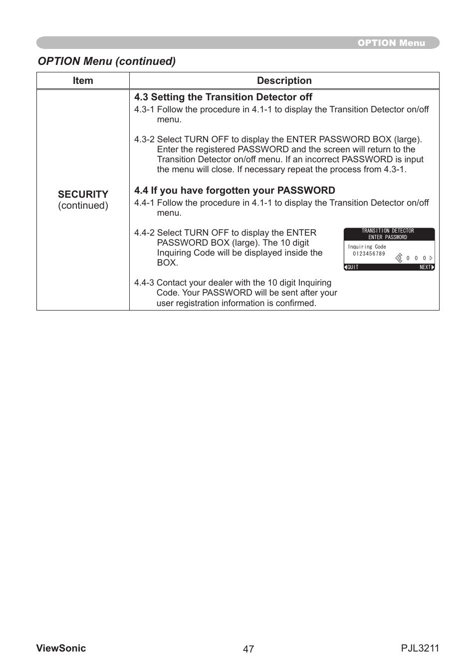 Option menu (continued) | VIEWSONIC PJL3211 User Manual | Page 52 / 78