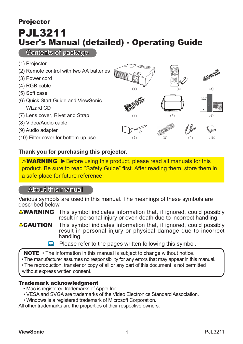 Pjl3211, User's manual (detailed) - operating guide, Contents of package | About ths manual, Projector | VIEWSONIC PJL3211 User Manual | Page 6 / 78