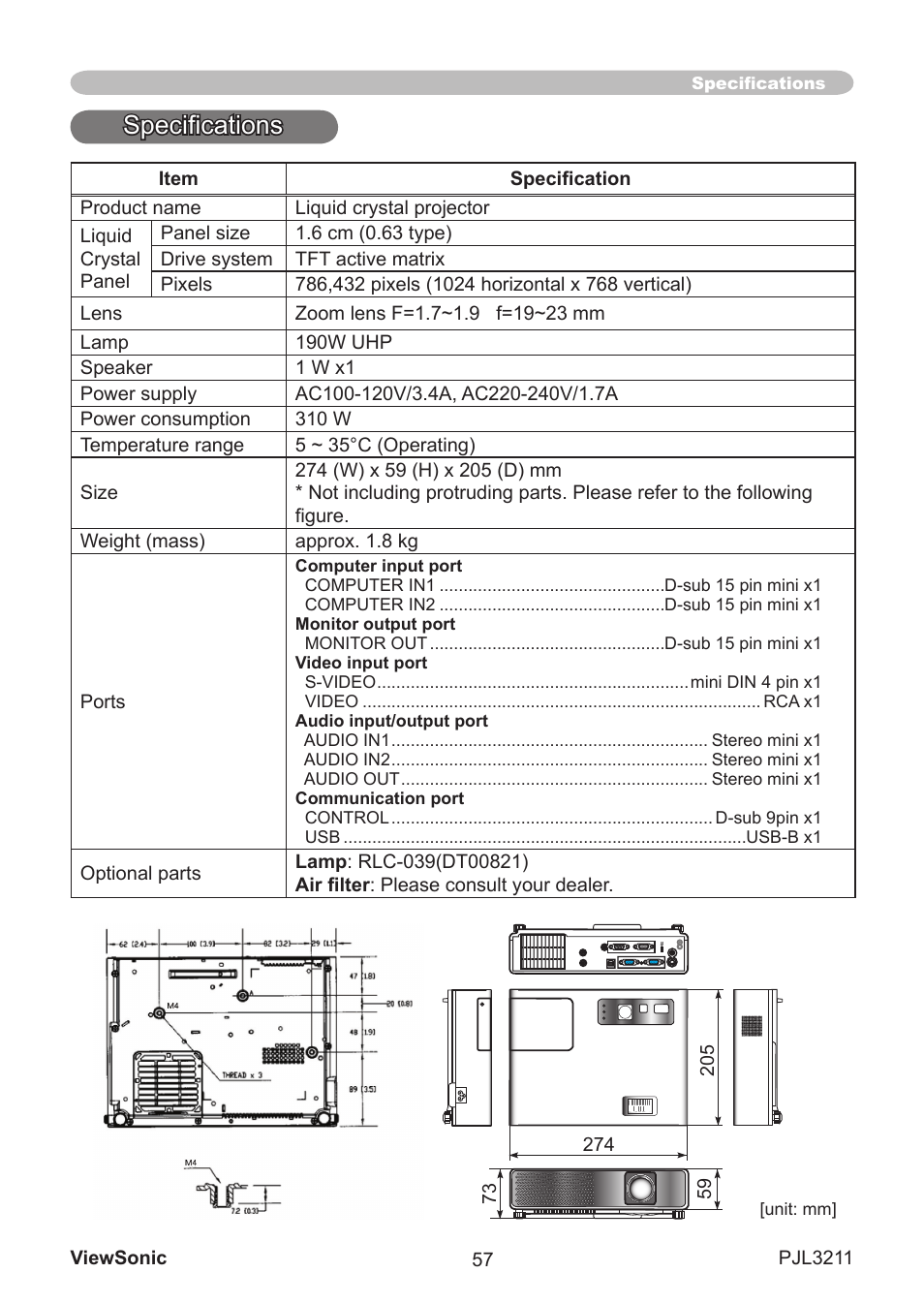 Specifications | VIEWSONIC PJL3211 User Manual | Page 62 / 78