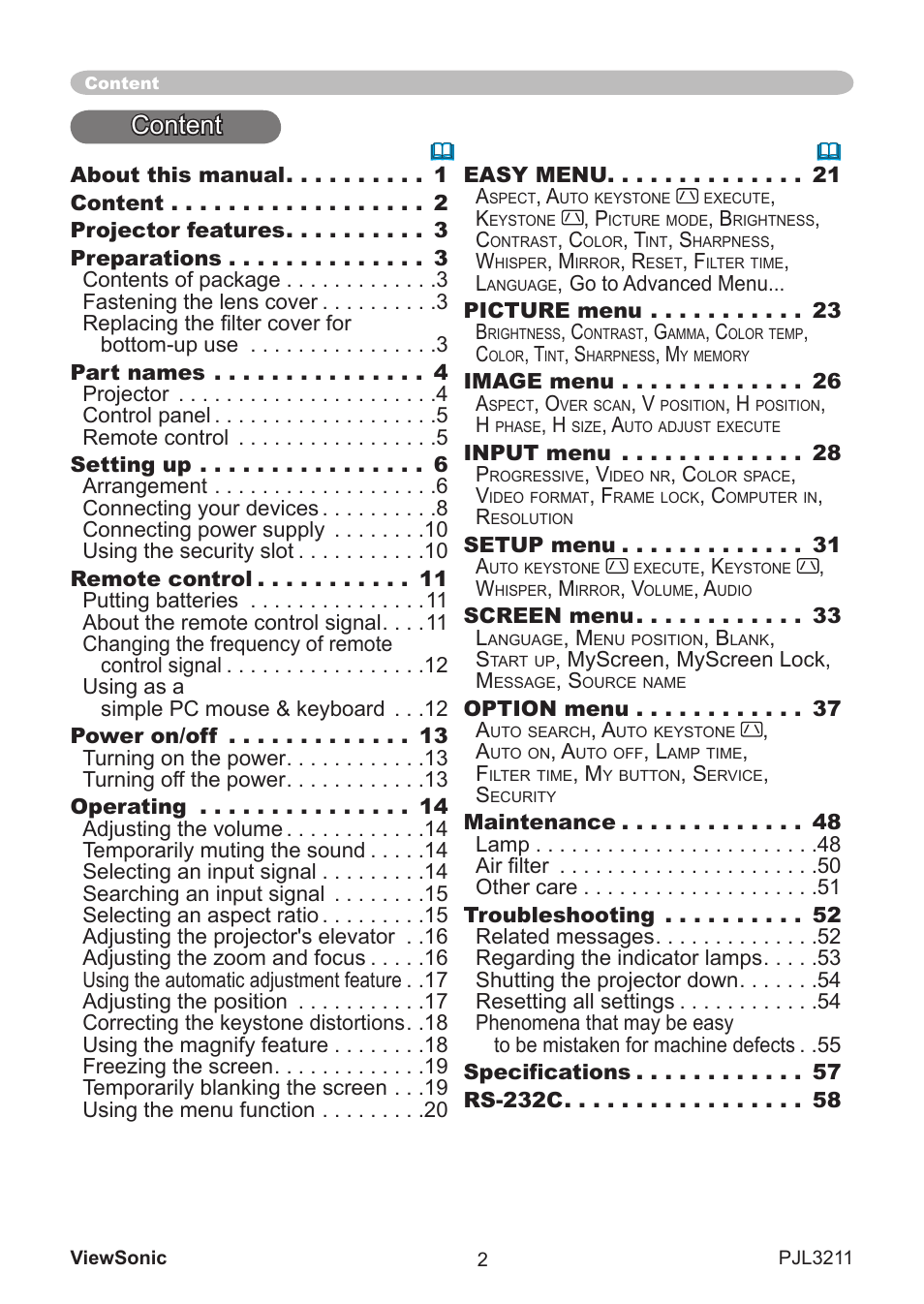 Content | VIEWSONIC PJL3211 User Manual | Page 7 / 78