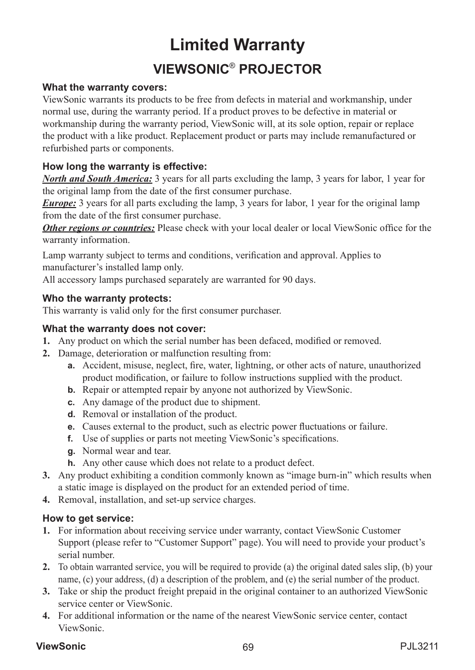 Limited warranty, Viewsonic, Projector | VIEWSONIC PJL3211 User Manual | Page 74 / 78