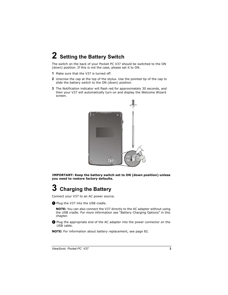 6hwwlqj wkh %dwwhu\ 6zlwfk, Kdujlqj wkh %dwwhu | VIEWSONIC V 37 User Manual | Page 10 / 92