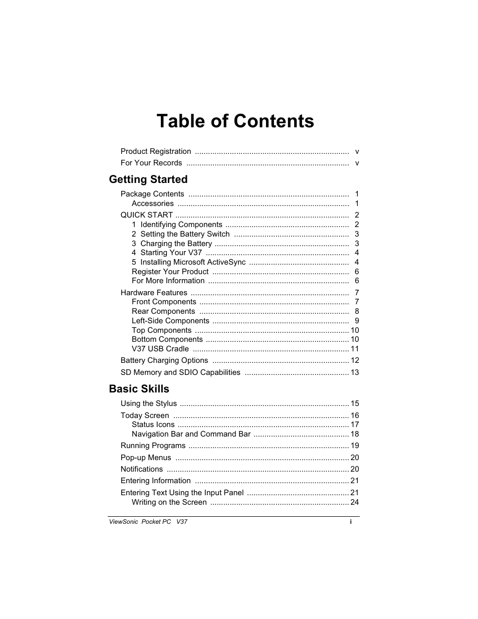 7deoh ri &rqwhqwv, Hwwlqj 6wduwhg, Dvlf 6nloov | VIEWSONIC V 37 User Manual | Page 2 / 92