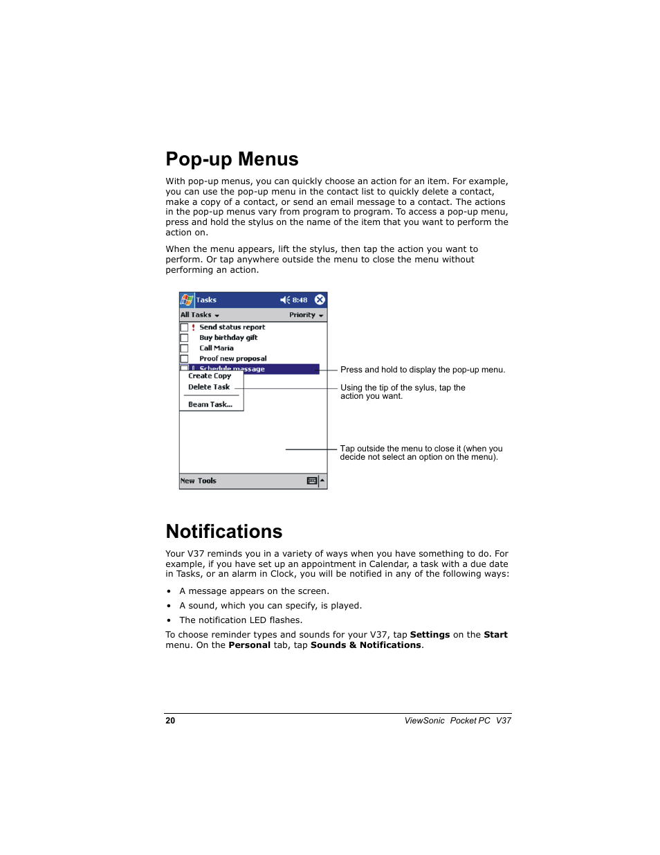 3rsxs 0hqxv, 1rwlilfdwlrqv | VIEWSONIC V 37 User Manual | Page 27 / 92