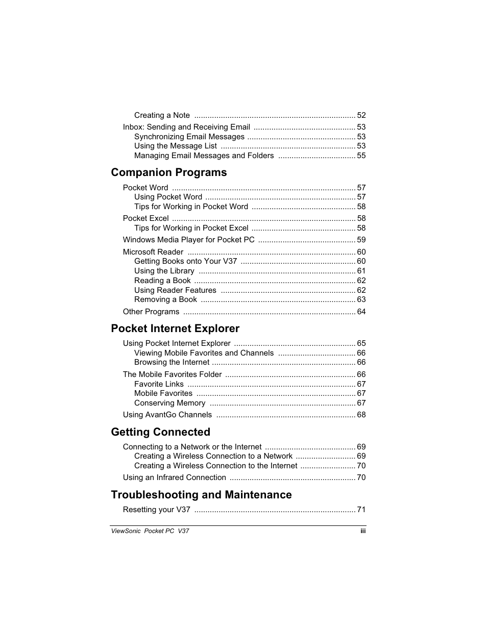 Rpsdqlrq 3urjudpv, 3rfnhw ,qwhuqhw ([soruhu, Hwwlqj &rqqhfwhg | 7urxeohvkrrwlqj dqg 0dlqwhqdqfh | VIEWSONIC V 37 User Manual | Page 4 / 92