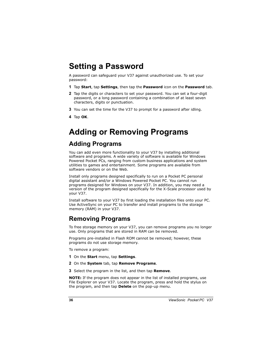 6hwwlqj d 3dvvzrug, Gglqj ru 5hprylqj 3urjudpv, Gglqj 3urjudpv | 5hprylqj 3urjudpv | VIEWSONIC V 37 User Manual | Page 43 / 92