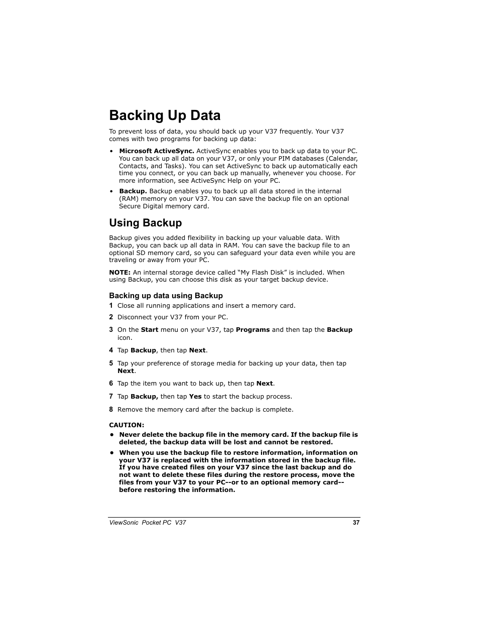 Dfnlqj 8s 'dwd, 8vlqj %dfnxs | VIEWSONIC V 37 User Manual | Page 44 / 92