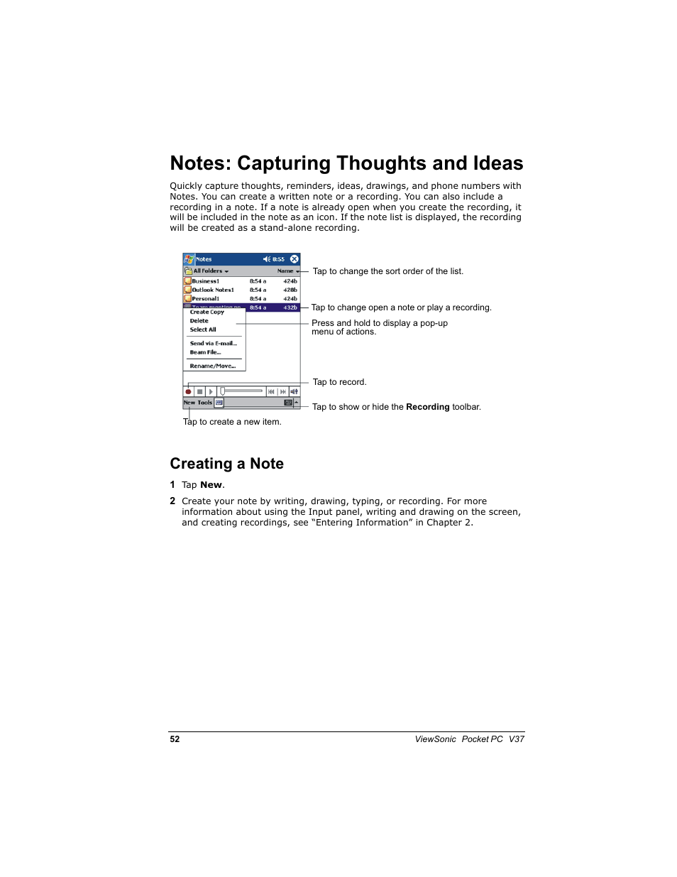 1rwhv &dswxulqj 7krxjkwv dqg ,ghdv, Uhdwlqj d 1rwh | VIEWSONIC V 37 User Manual | Page 59 / 92