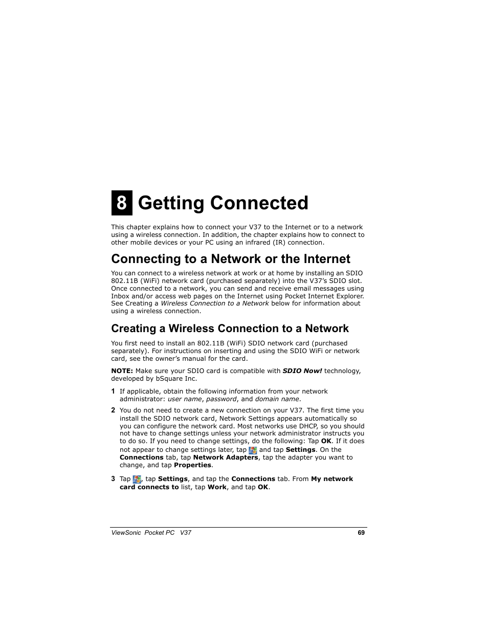 Hwwlqj &rqqhfwhg, Rqqhfwlqj wr d 1hwzrun ru wkh ,qwhuqhw, Uhdwlqj d :luhohvv &rqqhfwlrq wr d 1hwzrun | VIEWSONIC V 37 User Manual | Page 76 / 92