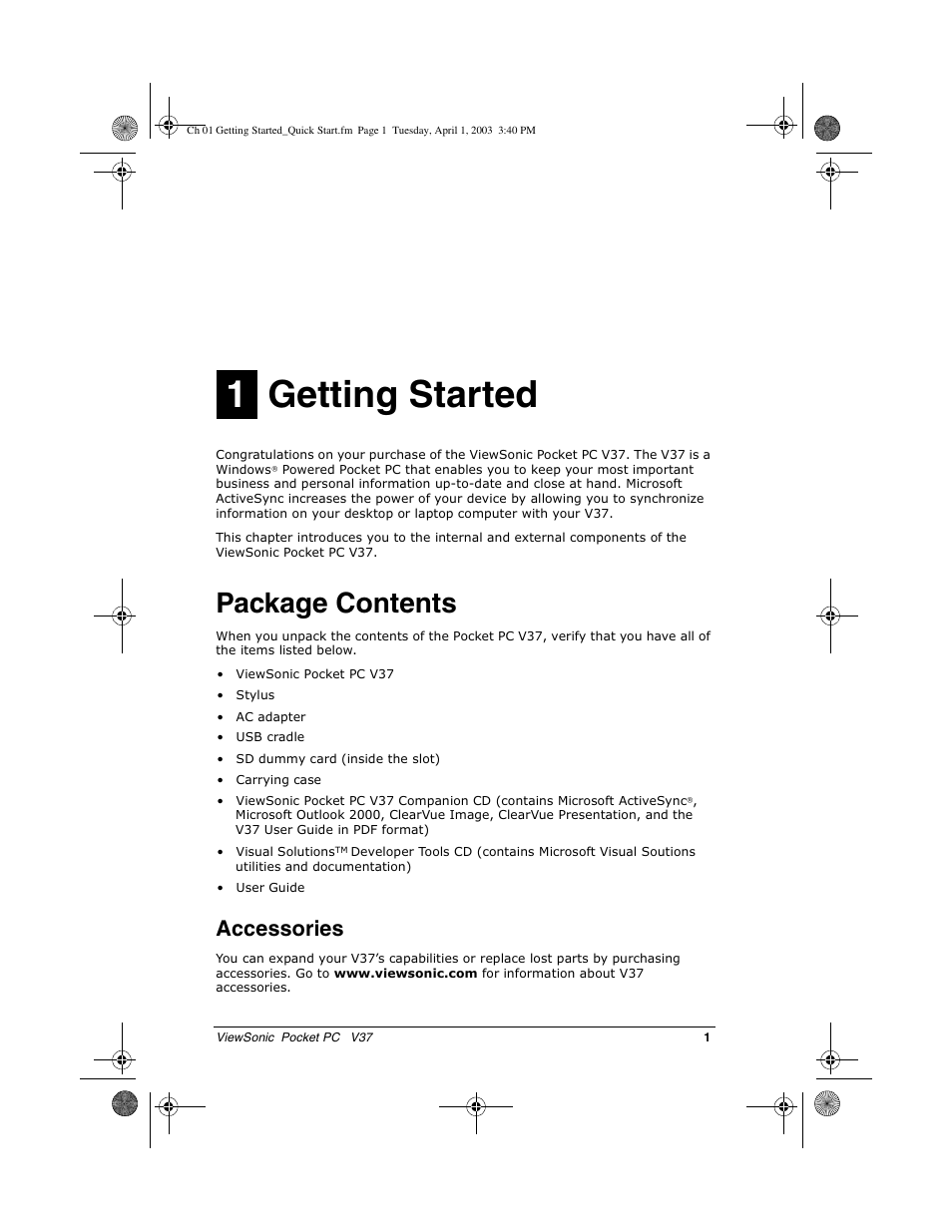 1getting started, Package contents, Accessories | VIEWSONIC V 37 User Manual | Page 8 / 92