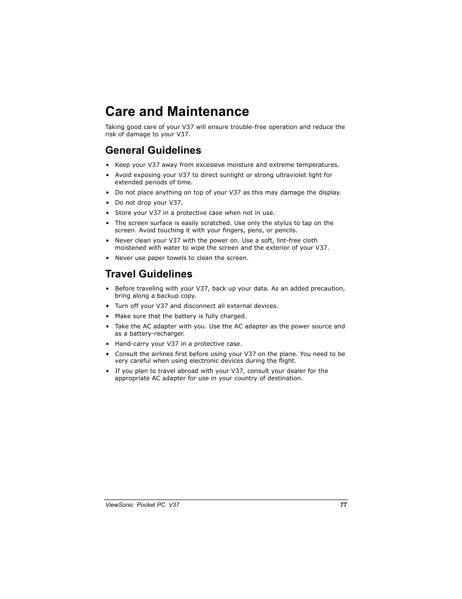 Duh dqg 0dlqwhqdqfh, Hqhudo *xlgholqhv, 7udyho *xlgholqhv | VIEWSONIC V 37 User Manual | Page 84 / 92