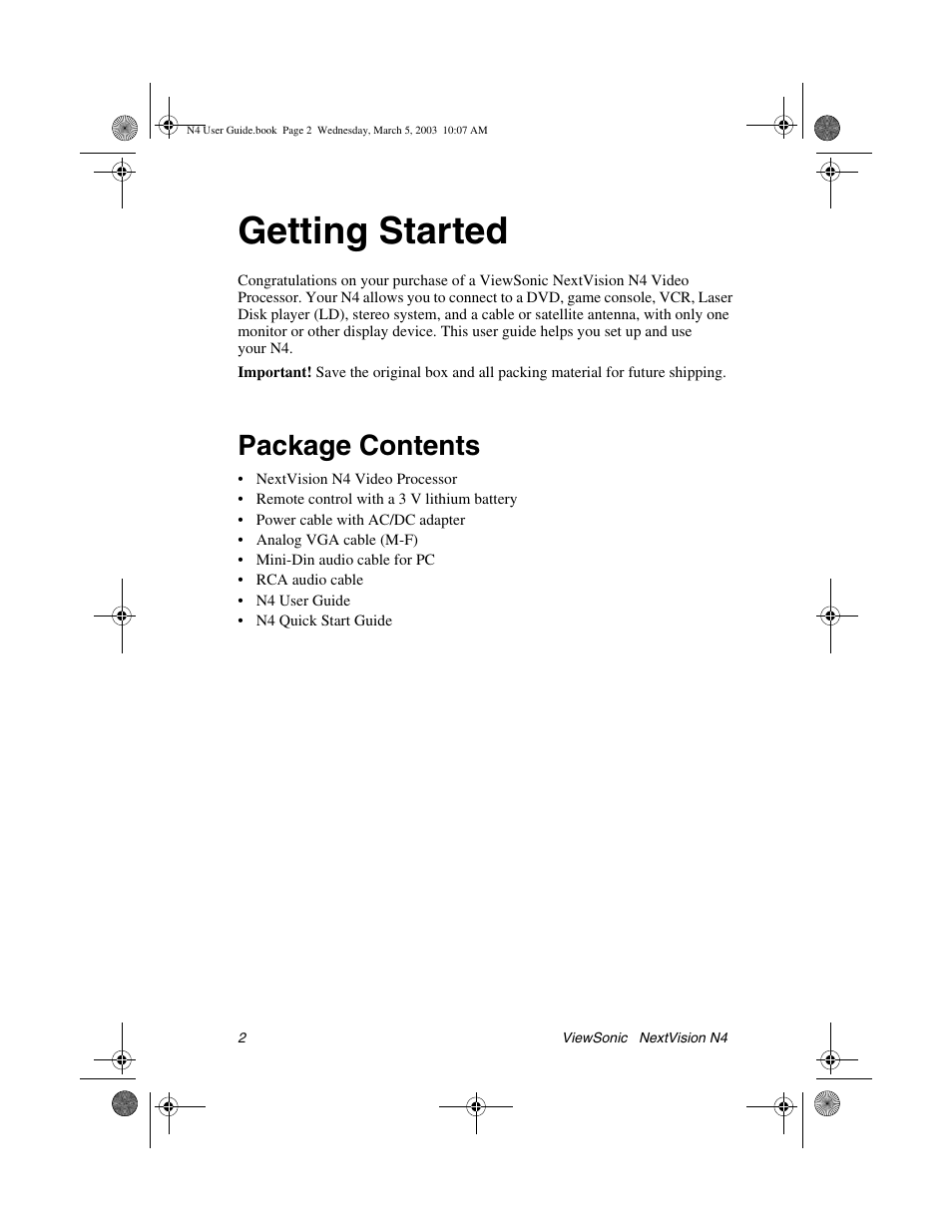 Getting started, Package contents | VIEWSONIC NEXTVISION N4 User Manual | Page 5 / 22