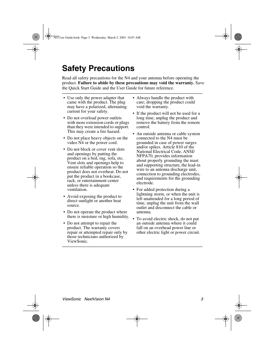 Safety precautions | VIEWSONIC NEXTVISION N4 User Manual | Page 6 / 22