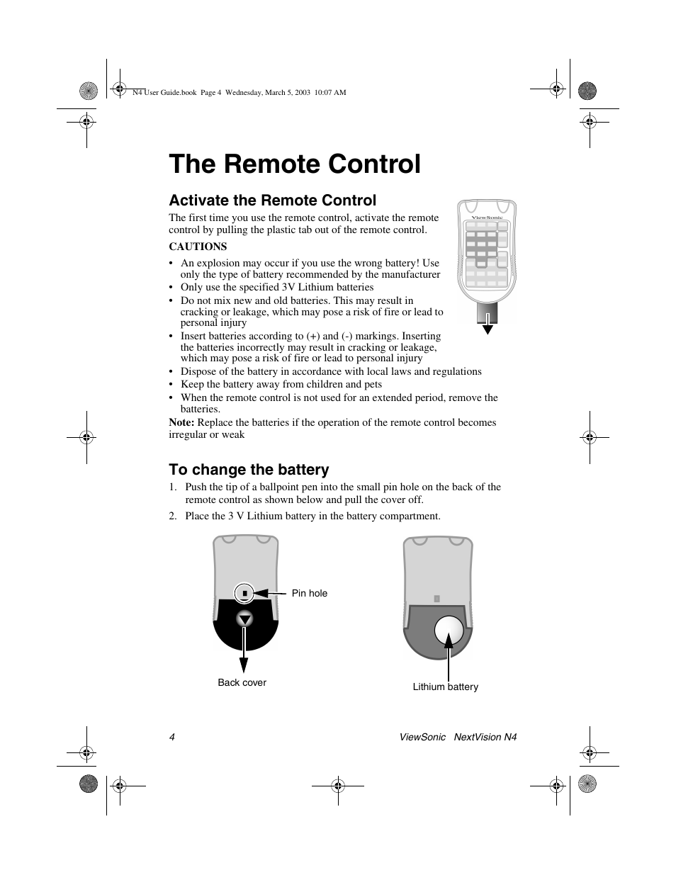 The remote control, Activate the remote control | VIEWSONIC NEXTVISION N4 User Manual | Page 7 / 22