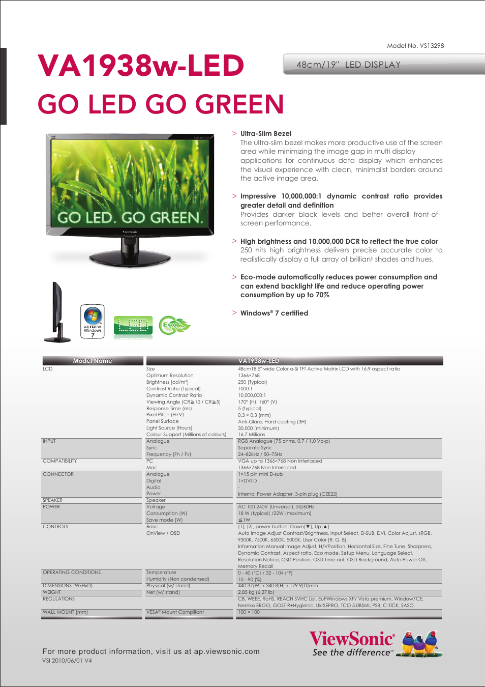 VIEWSONIC LED Display VA1938w-LED User Manual | 1 page