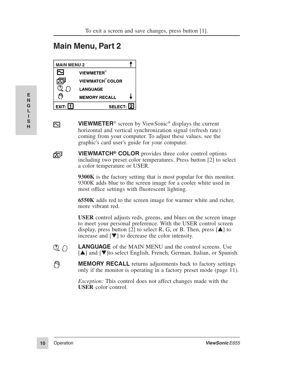 Main menu, part 2 | VIEWSONIC E655 User Manual | Page 11 / 16