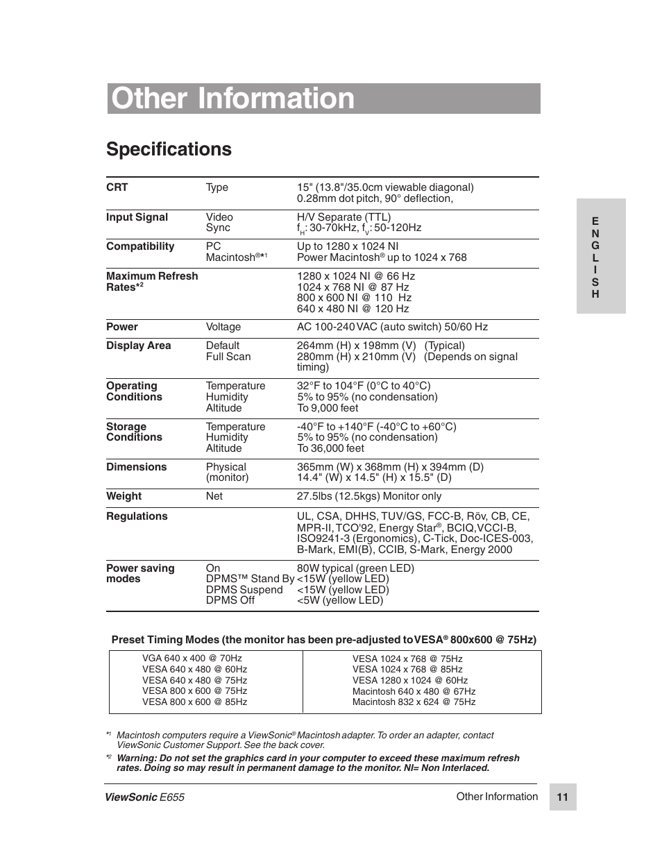 Other information, Specifications | VIEWSONIC E655 User Manual | Page 12 / 16