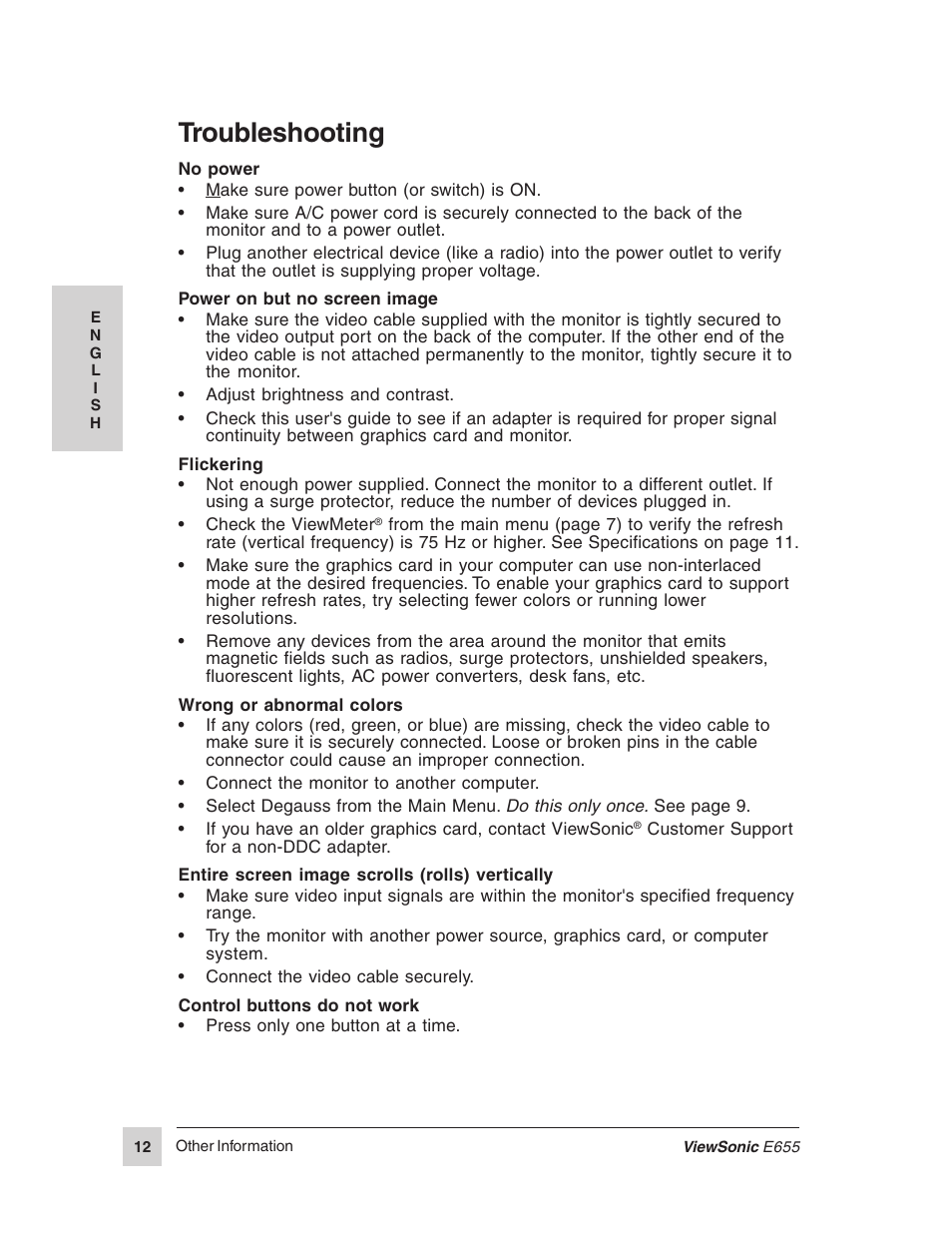 Troubleshooting | VIEWSONIC E655 User Manual | Page 13 / 16