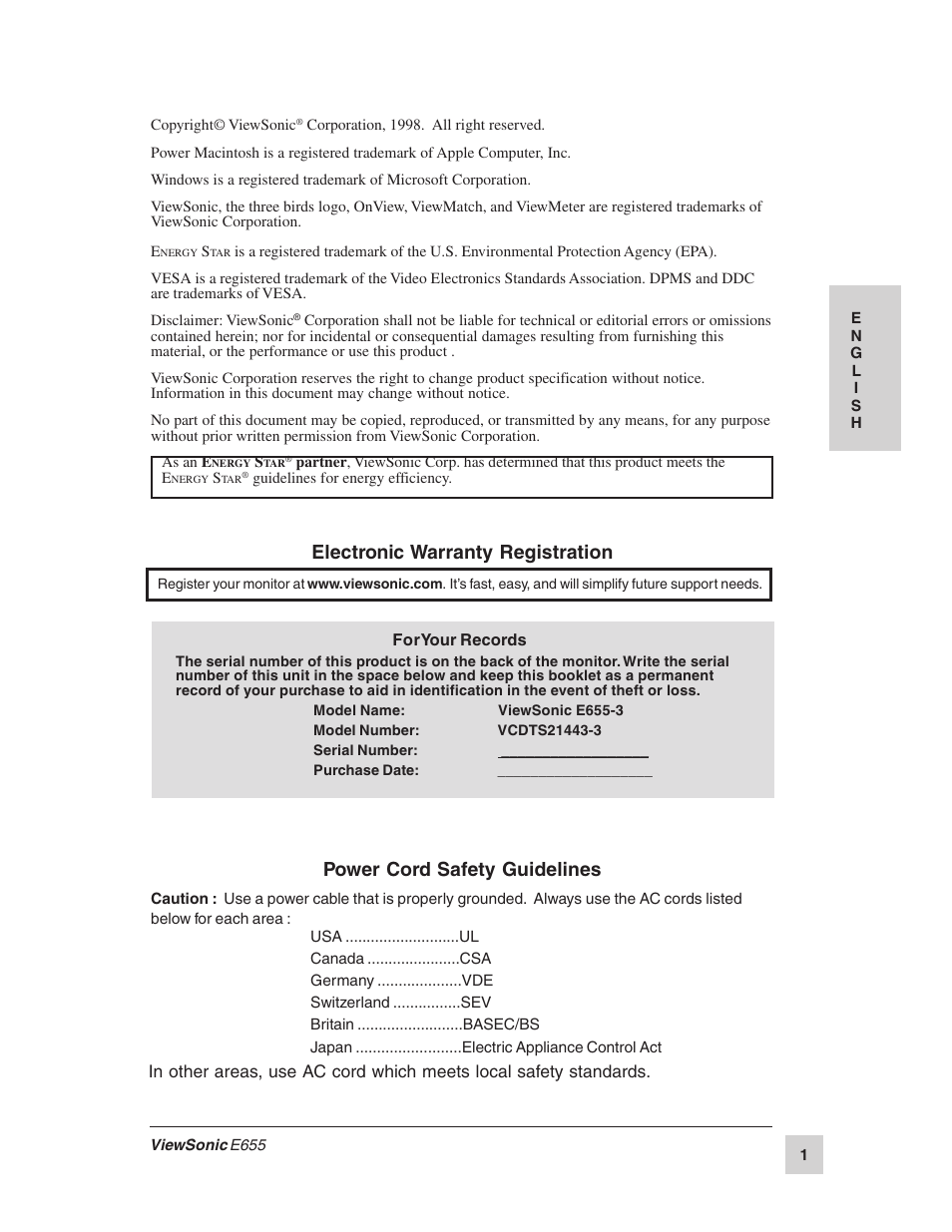 Power cord safety guidelines, Electronic warranty registration | VIEWSONIC E655 User Manual | Page 2 / 16