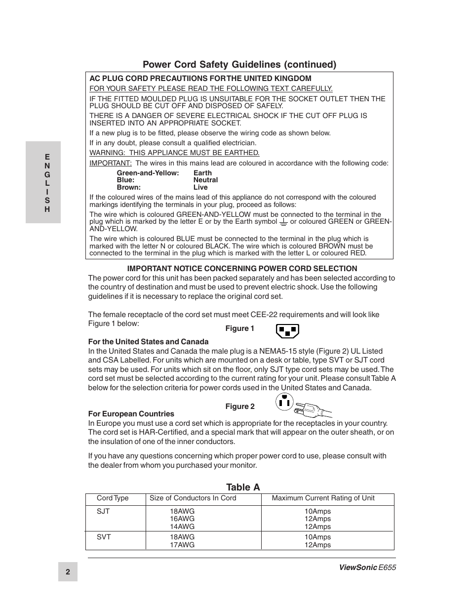 Table a, Power cord safety guidelines (continued) | VIEWSONIC E655 User Manual | Page 3 / 16