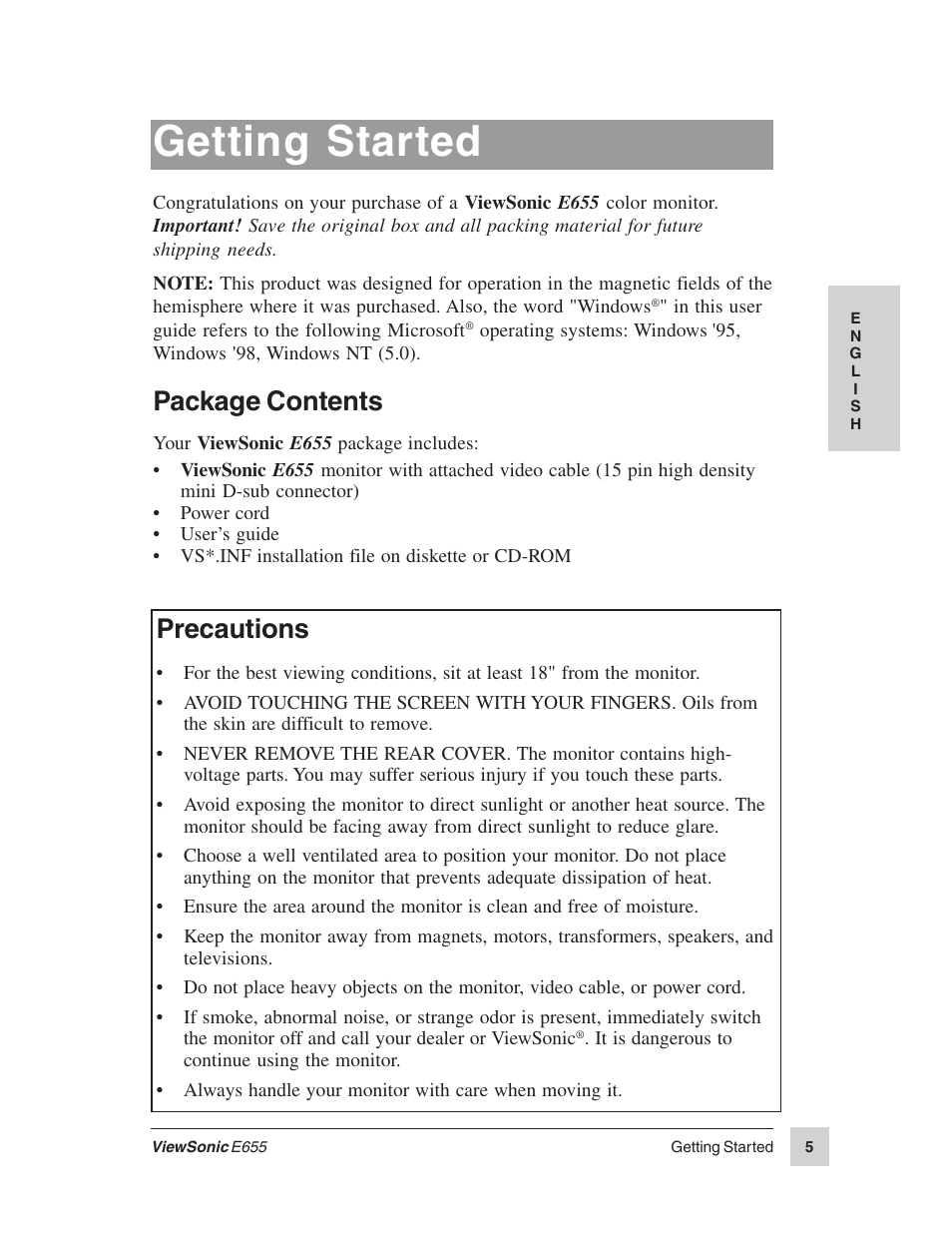 Getting started, Package contents, Precautions | VIEWSONIC E655 User Manual | Page 6 / 16