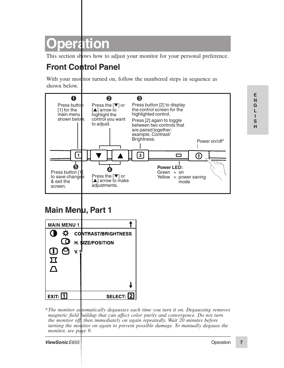 Operation, Front control panel, Main menu, part 1 | VIEWSONIC E655 User Manual | Page 8 / 16