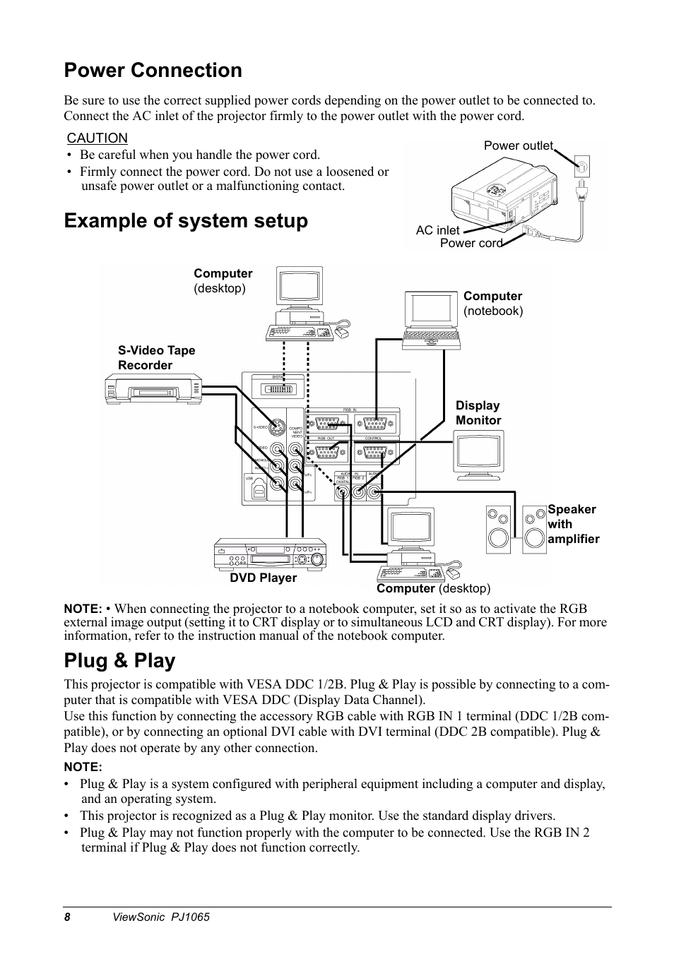 Power connection, Example of system setup, Plug & play | VIEWSONIC PJ1065 User Manual | Page 10 / 30