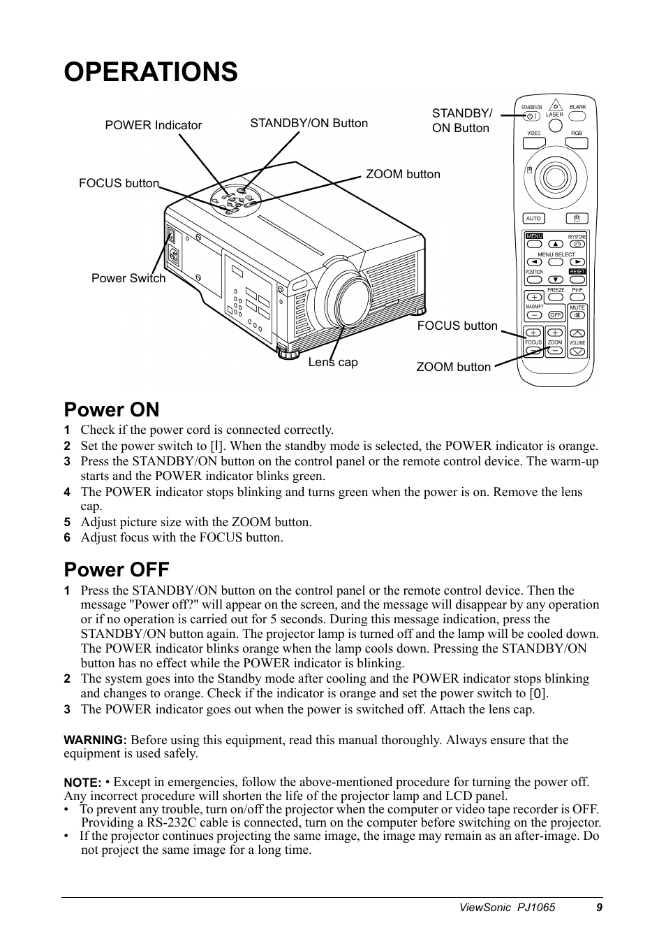Operations, Power on, Power off | VIEWSONIC PJ1065 User Manual | Page 11 / 30