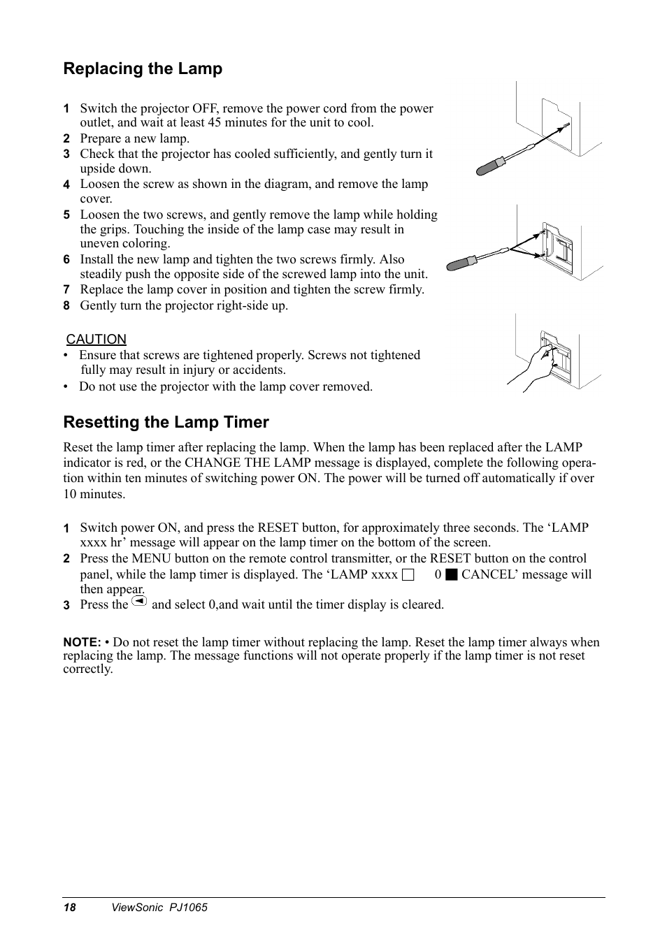 Replacing the lamp, Resetting the lamp timer | VIEWSONIC PJ1065 User Manual | Page 20 / 30