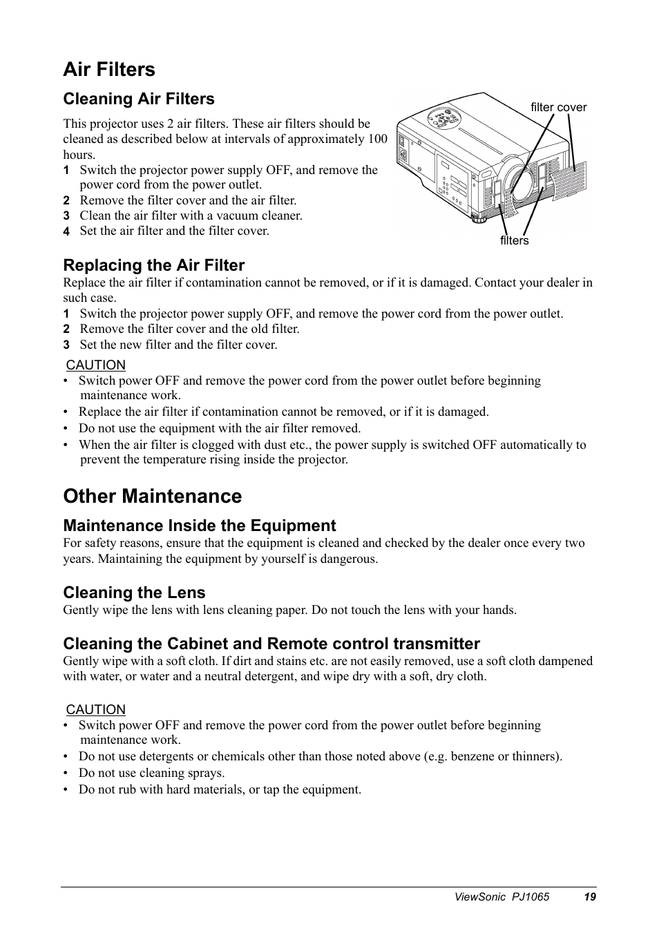 Air filters, Other maintenance, Cleaning air filters | Replacing the air filter, Maintenance inside the equipment, Cleaning the lens | VIEWSONIC PJ1065 User Manual | Page 21 / 30