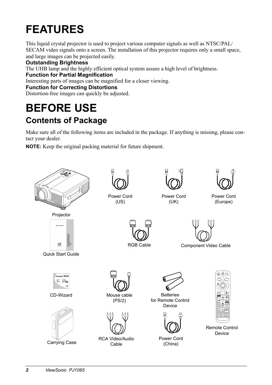 Features, Before use, Contents of package | VIEWSONIC PJ1065 User Manual | Page 4 / 30