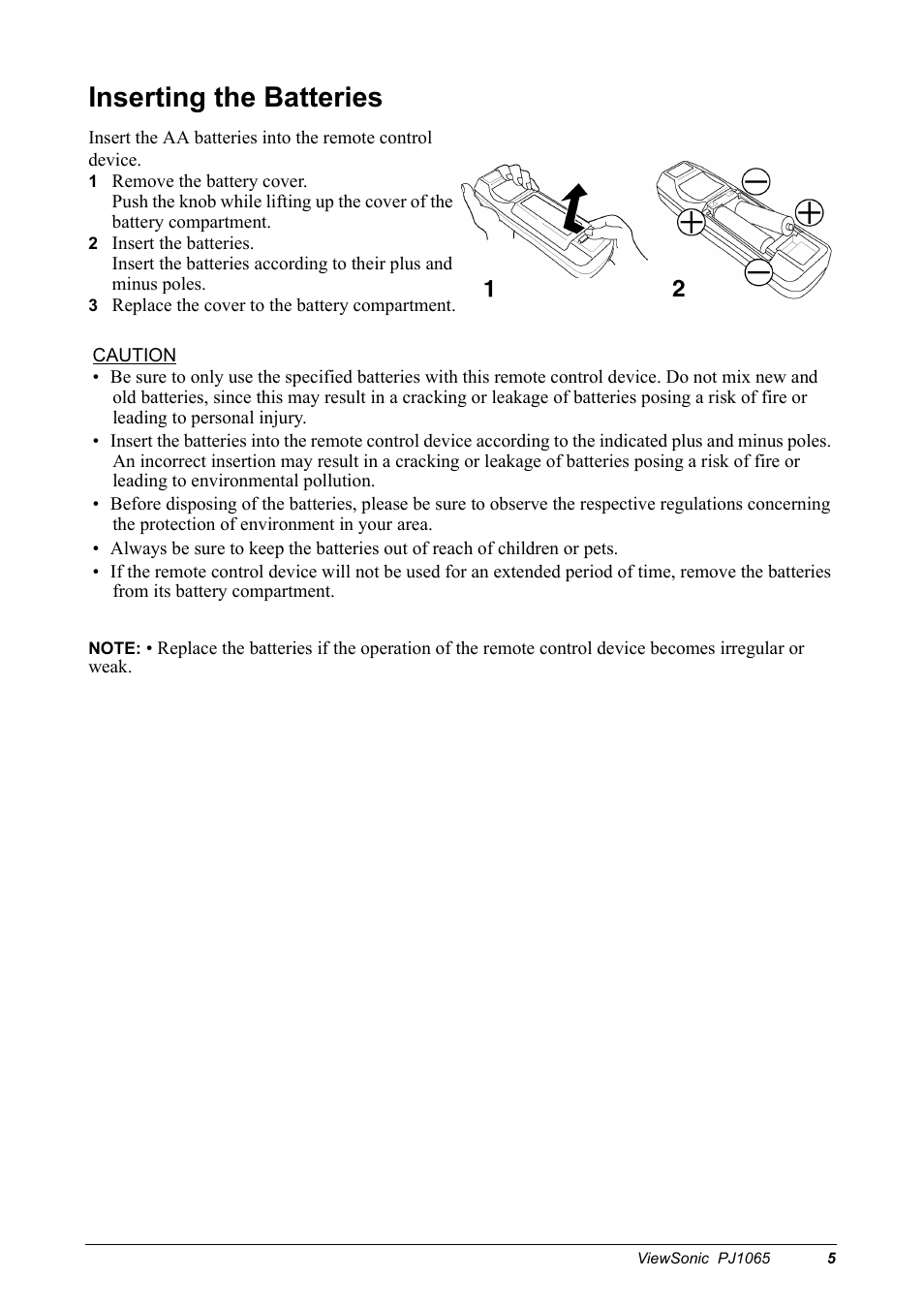 Inserting the batteries | VIEWSONIC PJ1065 User Manual | Page 7 / 30