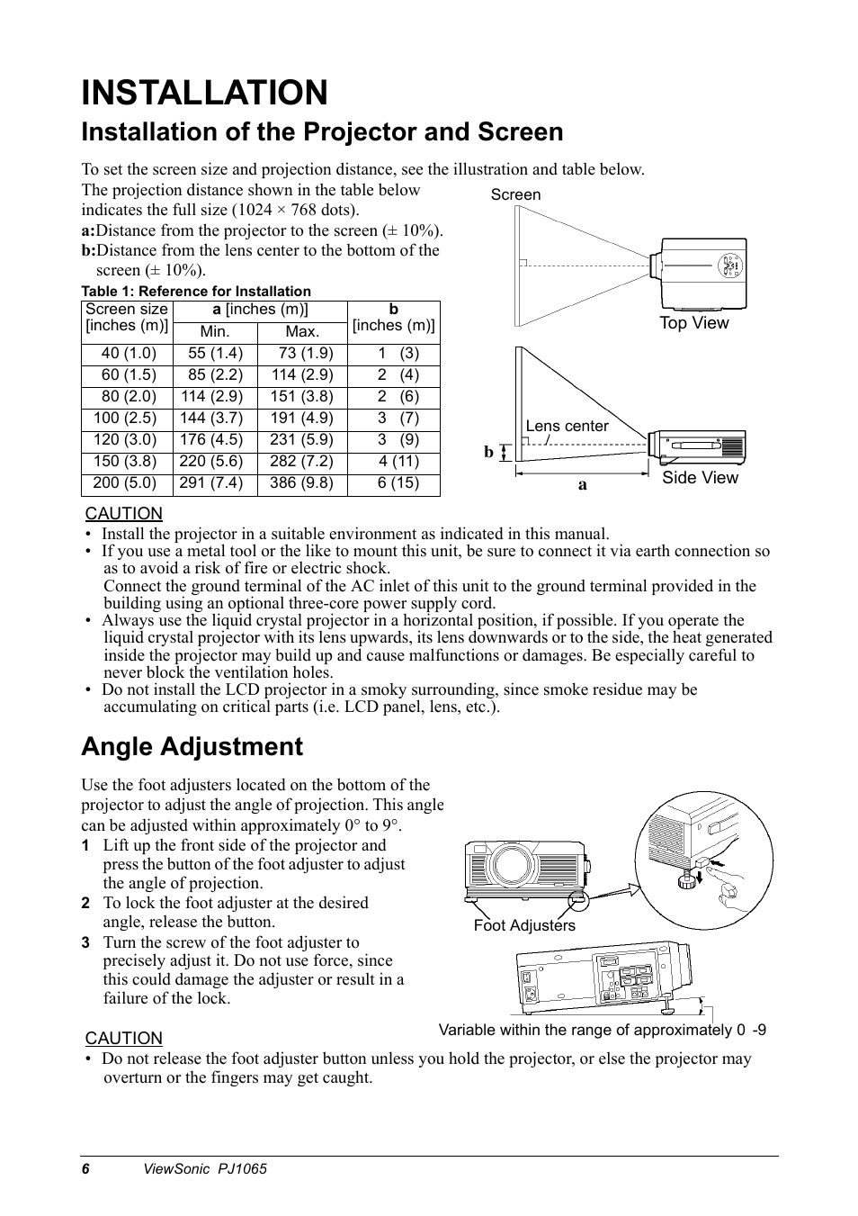 Installation, Installation of the projector and screen, Angle adjustment | VIEWSONIC PJ1065 User Manual | Page 8 / 30