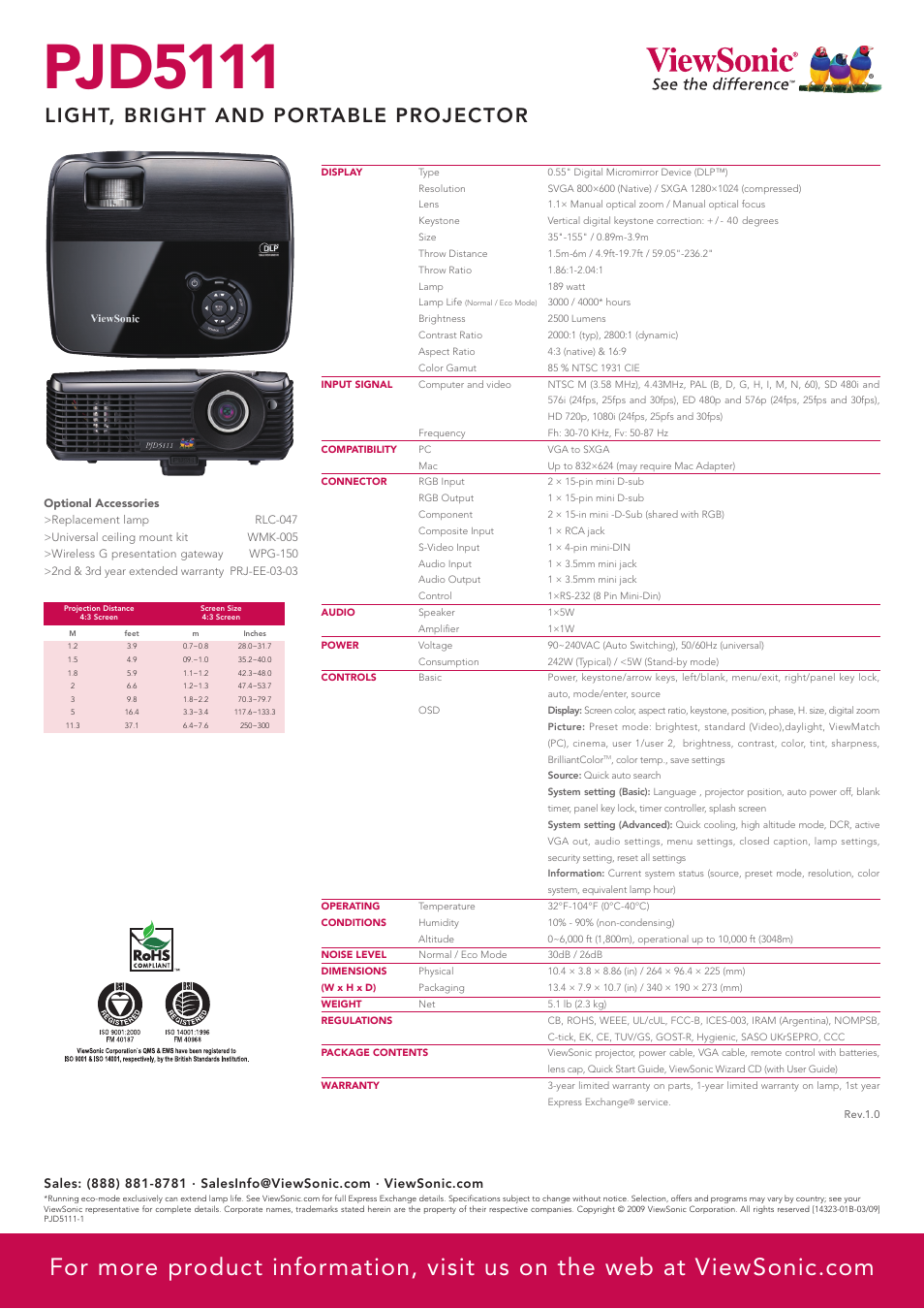 Pjd5111, Light, bright and portable projector | VIEWSONIC PJD5111 User Manual | Page 2 / 2