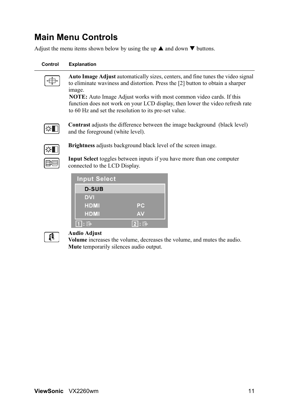 Main menu controls | VIEWSONIC VX2260WM User Manual | Page 13 / 26