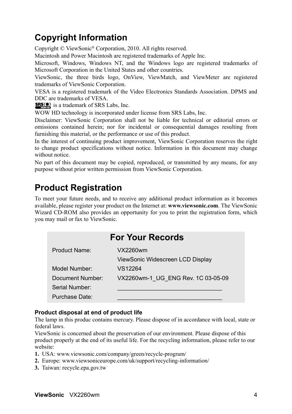 Copyright information, Product registration, For your records | VIEWSONIC VX2260WM User Manual | Page 6 / 26