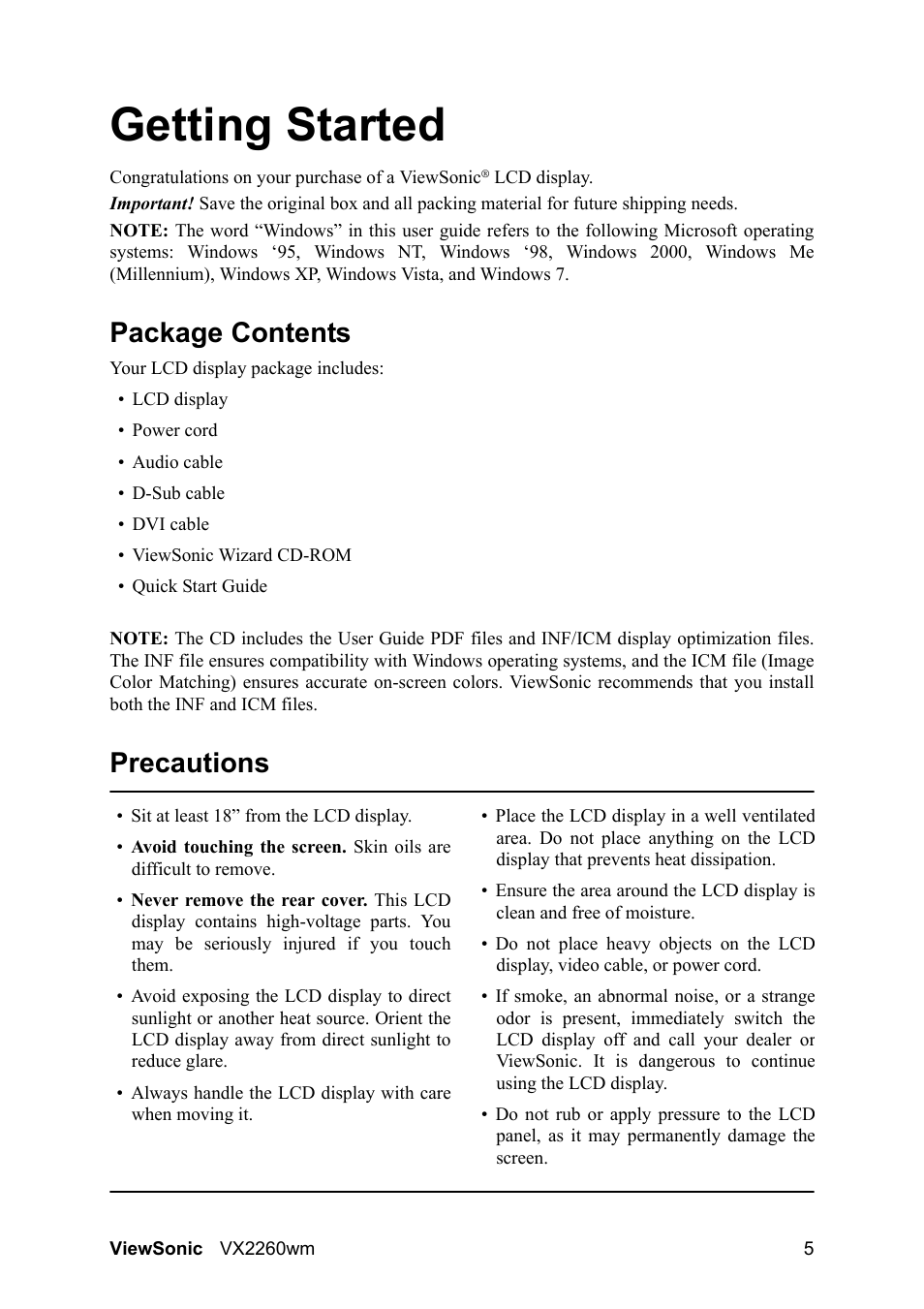 Getting started, Package contents, Precautions | VIEWSONIC VX2260WM User Manual | Page 7 / 26