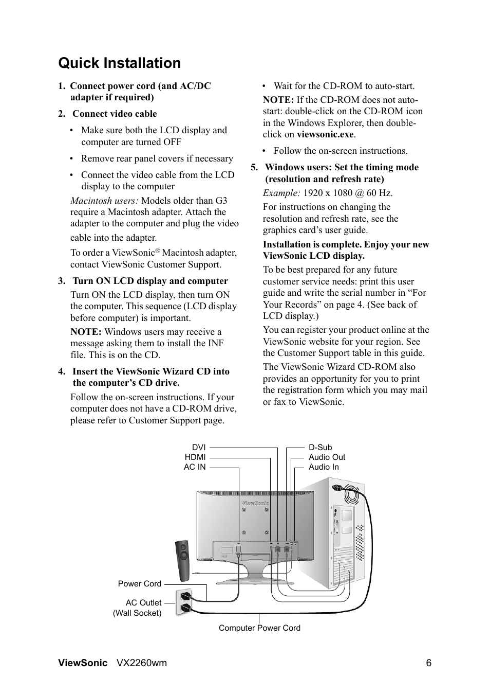 Quick installation | VIEWSONIC VX2260WM User Manual | Page 8 / 26