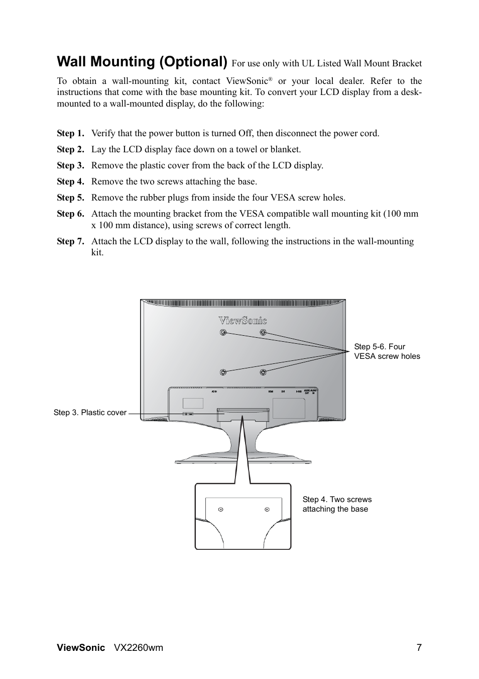 Wall mounting (optional) | VIEWSONIC VX2260WM User Manual | Page 9 / 26