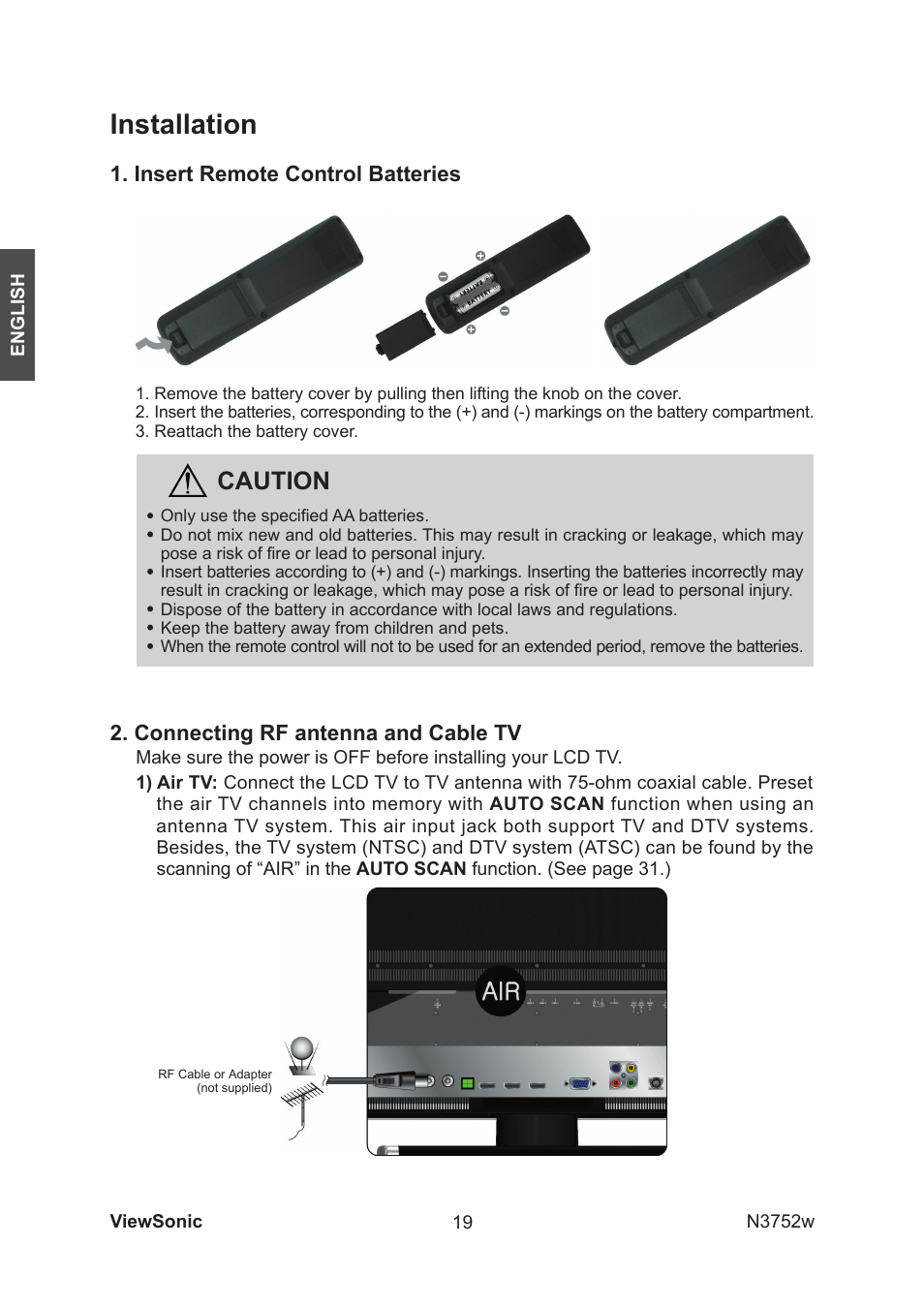 Installation, Caution, Connecting rf antenna and cable tv | Insert remote control batteries | VIEWSONIC N3752w User Manual | Page 21 / 40