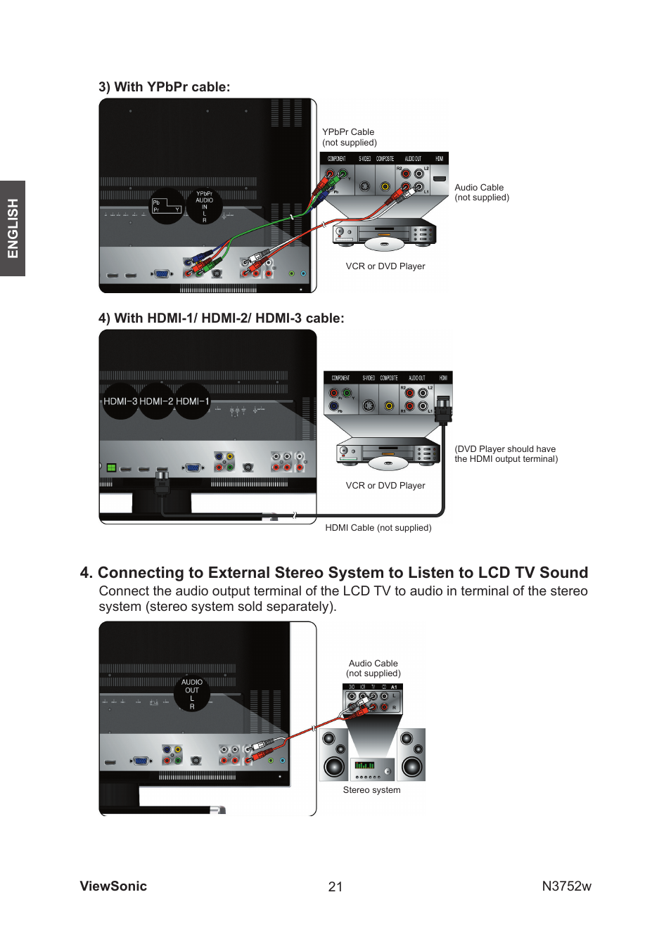 4) with hdmi-1/ hdmi-2/ hdmi-3 cable, 3) with ypbpr cable | VIEWSONIC N3752w User Manual | Page 23 / 40