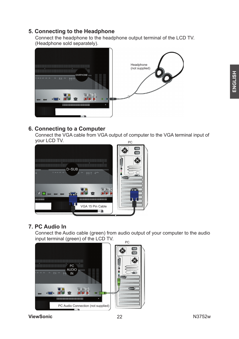 Pc audio in, Connecting to the headphone, Connecting to a computer | VIEWSONIC N3752w User Manual | Page 24 / 40