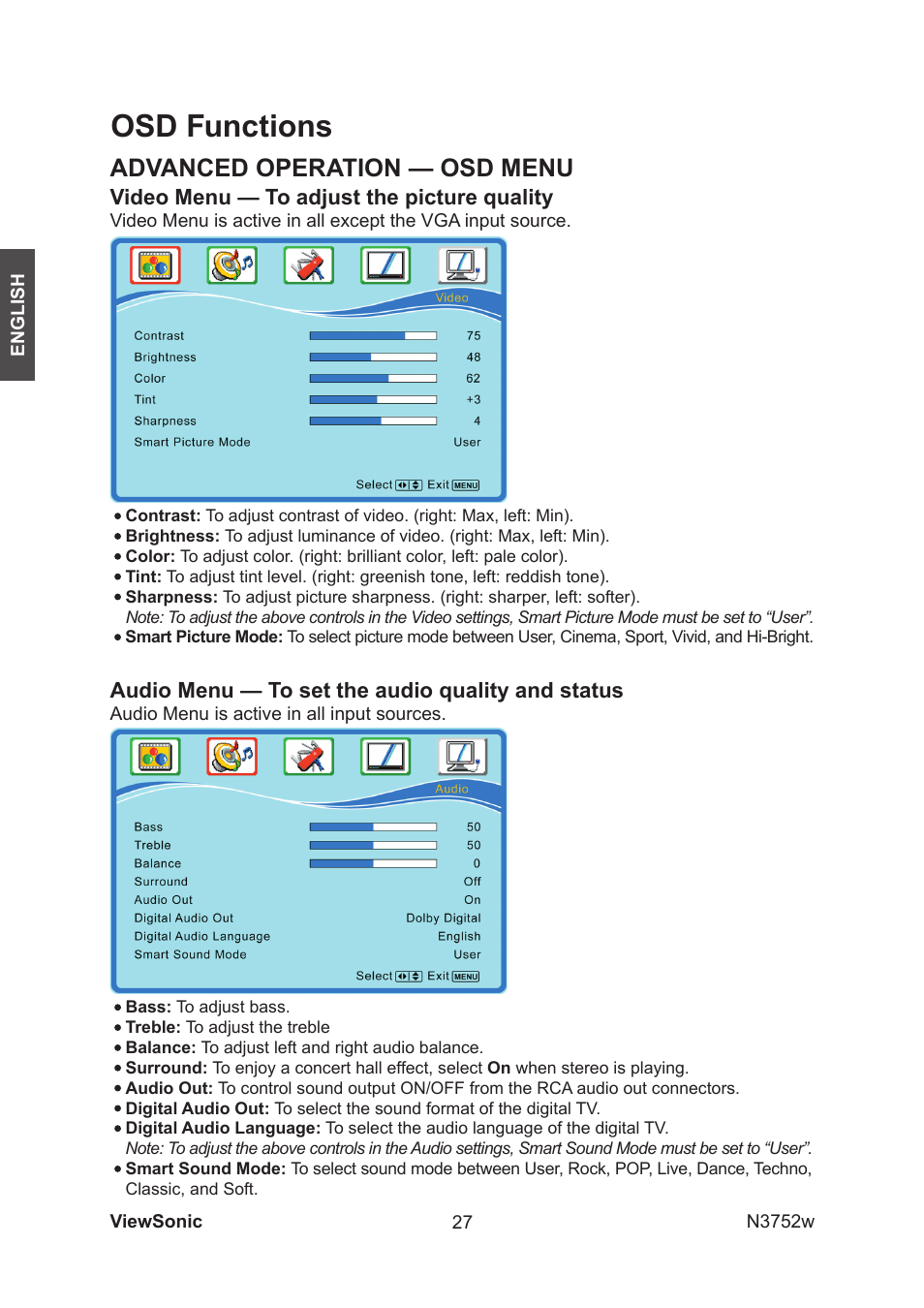 Osd functions, Advanced operation — osd menu, Video menu — to adjust the picture quality | Audio menu — to set the audio quality and status | VIEWSONIC N3752w User Manual | Page 29 / 40